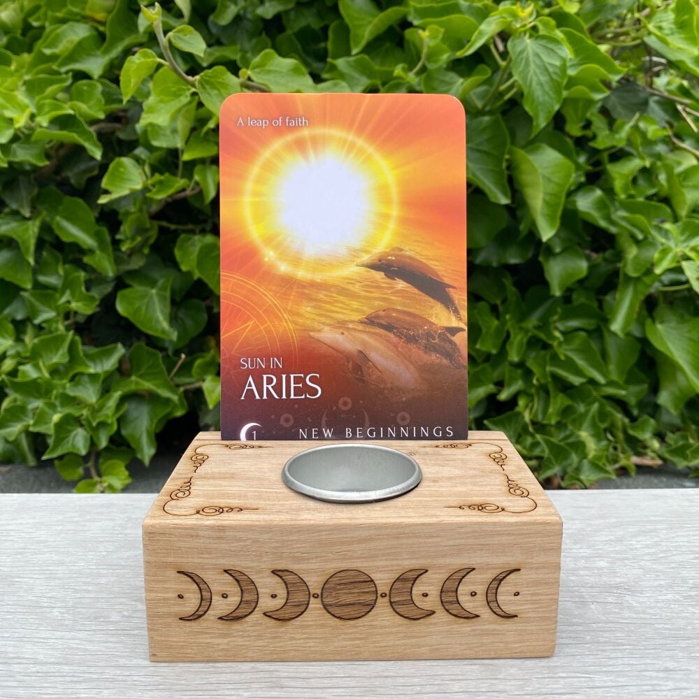 Moon Phase T Light and Card Holder ~ Oak
