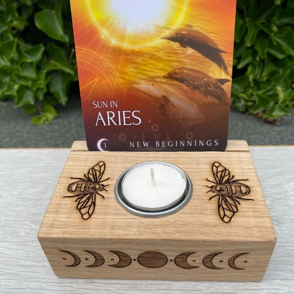 Moon Phase and Bee design T Light and Card Holder ~ Oak