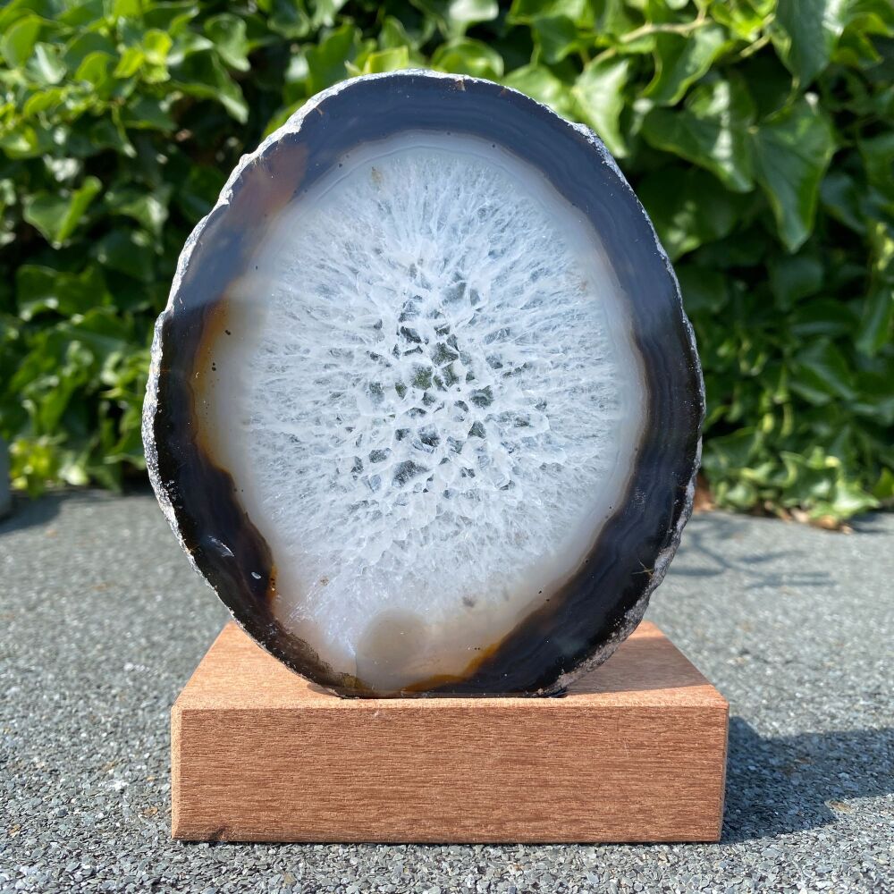 Agate Slice with Crystal Formations, set into reclaimed Mahogany and a T Light