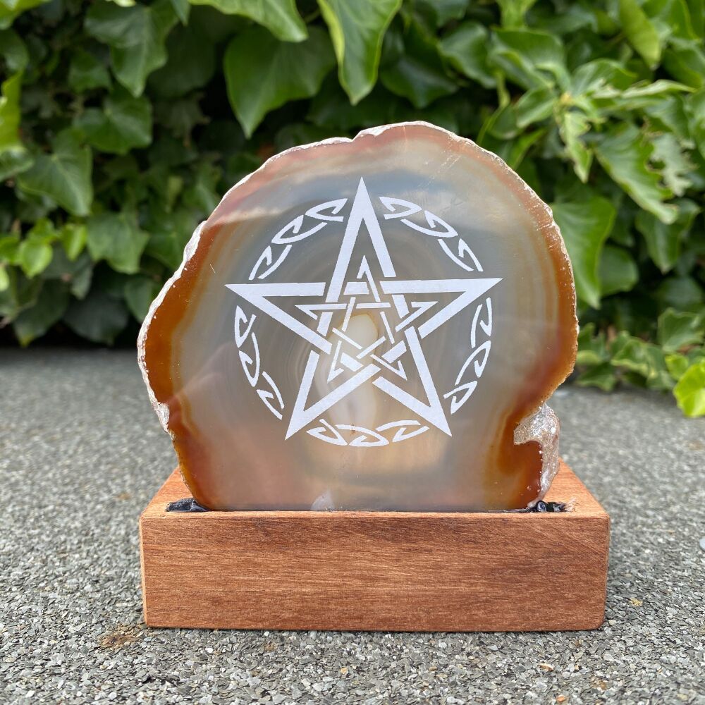 Agate Slice with Celtic Pentagram on a Mahogany base with T Light