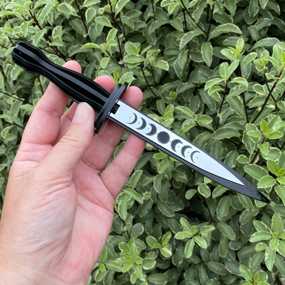 Hand Crafted Black Athame with Silver Moon Phase Blade (A14)