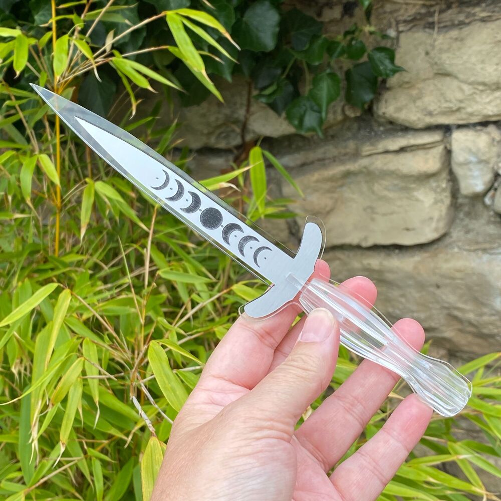 Hand Crafted Clear Athame with Silver Moon Phase Blade (A13)