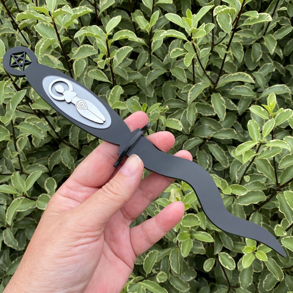 Hand Crafted Black and Silver Goddess Athame with wavy blade (A12)