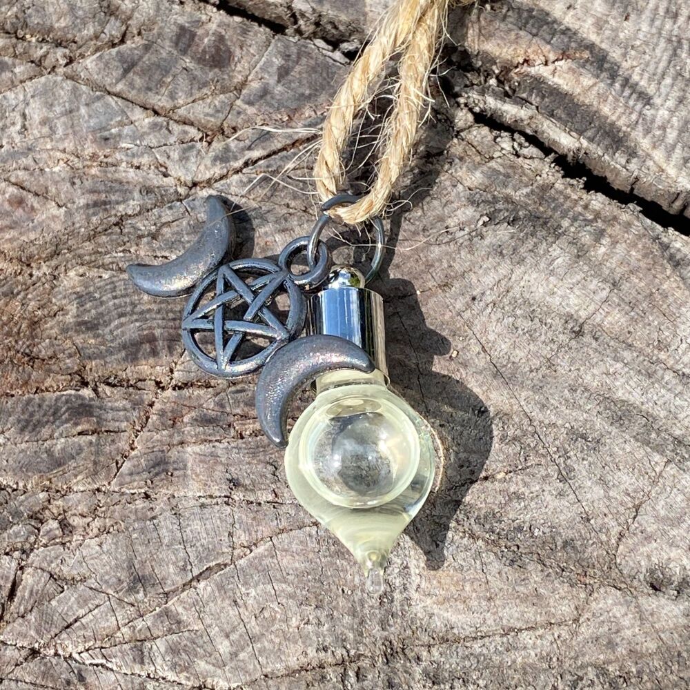 Protection Charm ~ Glass Teardrop Vial with Triple Moon Charm