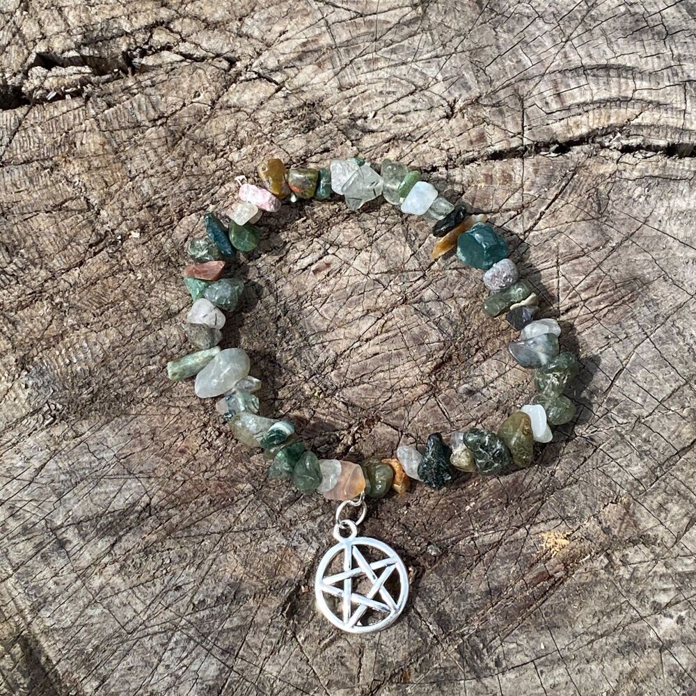 Moss Agate Crystal Chip Bracelet with Pentagram Charm