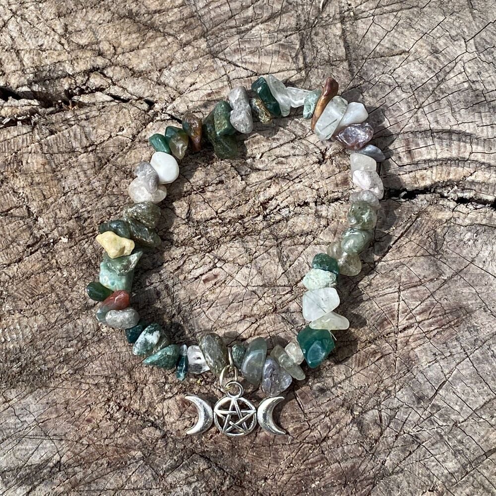 Moss Agate Crystal Chip Bracelet with Triple Moon Charm