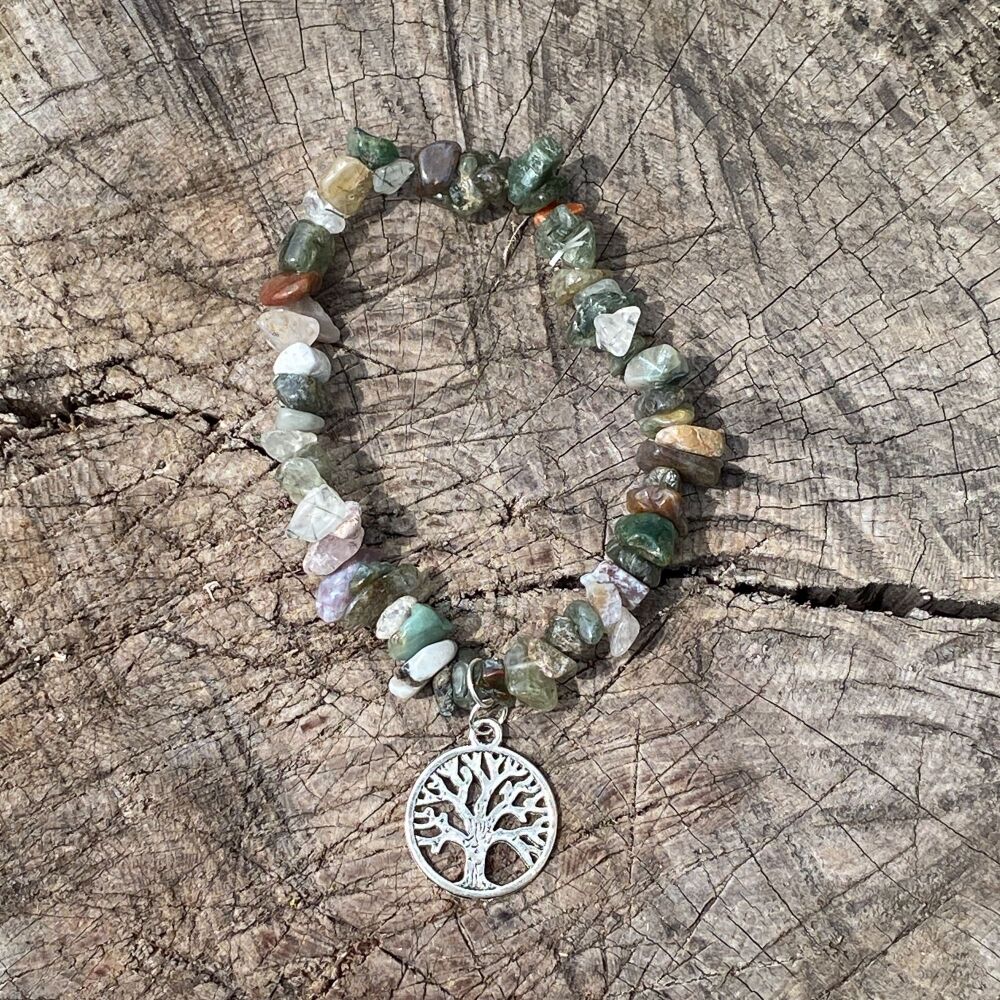 Moss Agate Crystal Chip Bracelet with Tree of Life Charm