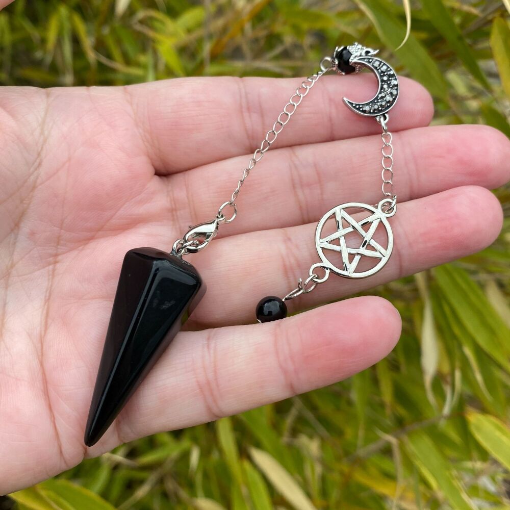Black Obsidian Pendulum with Pentagram and  Moon Charms