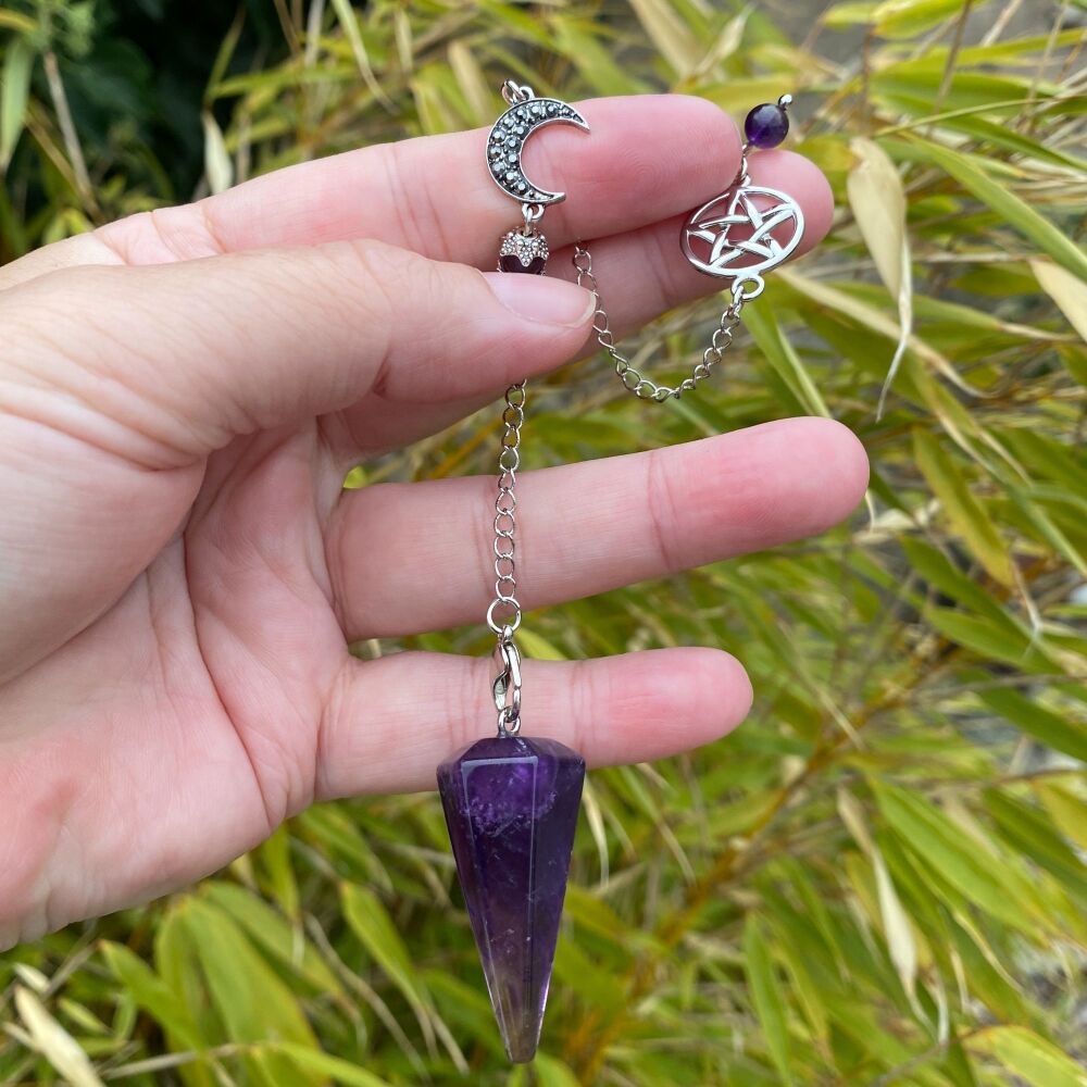 Amethyst Pendulum with Pentagram and  Moon Charms
