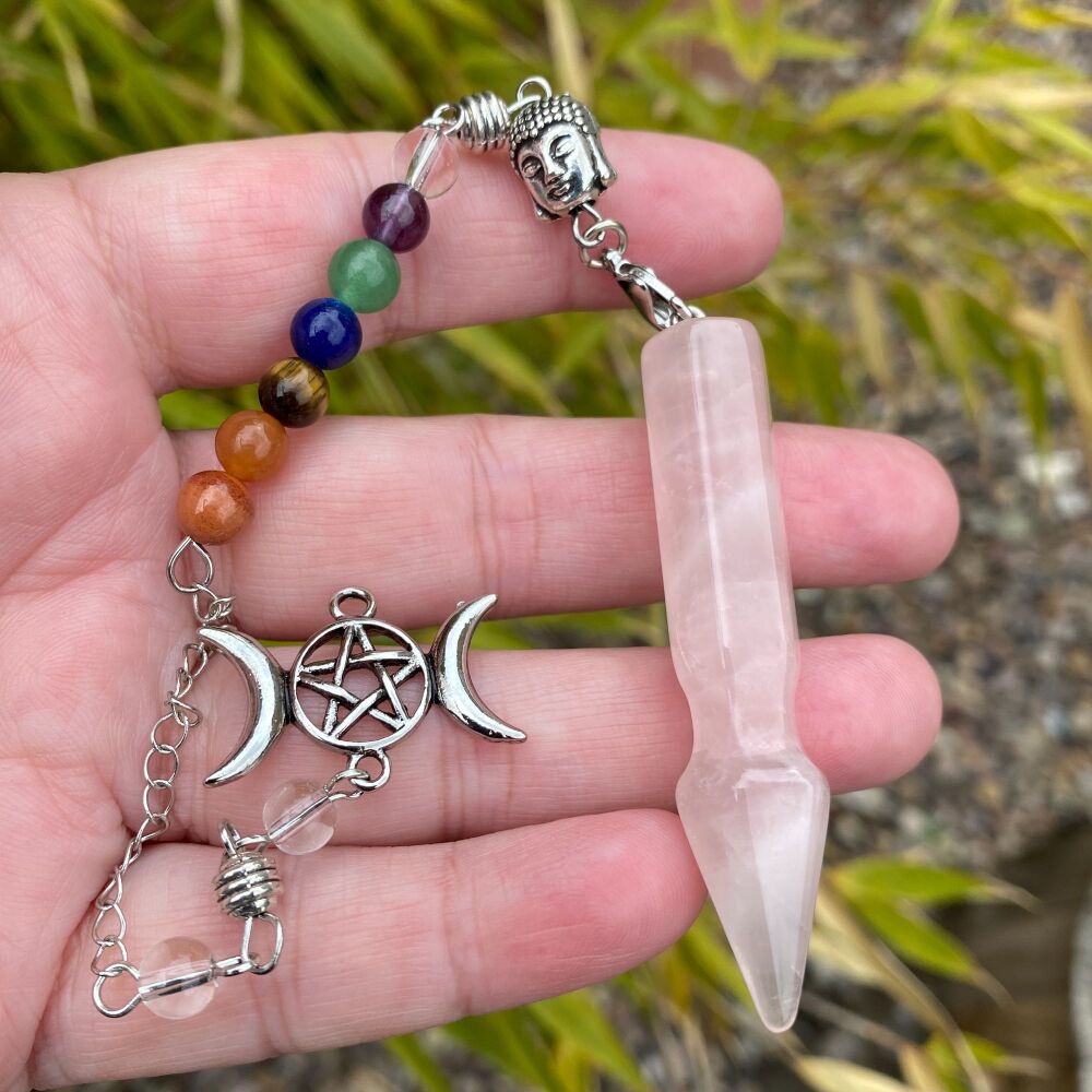 Rose Quartz Pendulum with Chakra Beads, Triple Moon and Buddha Charms
