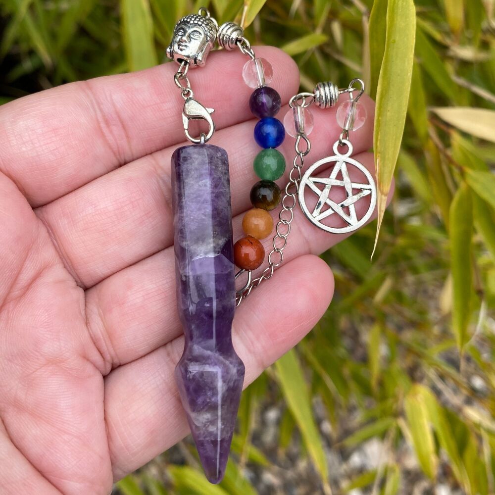 Amethyst Pendulum with Chakra Beads, Pentagram and Buddha Charms