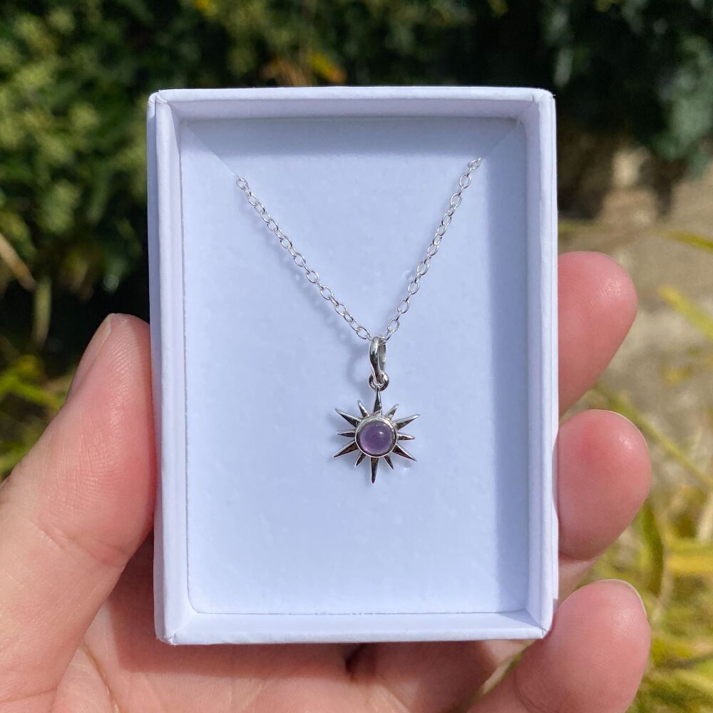 Sun Pendant with Amethyst Stone plus free chain and box