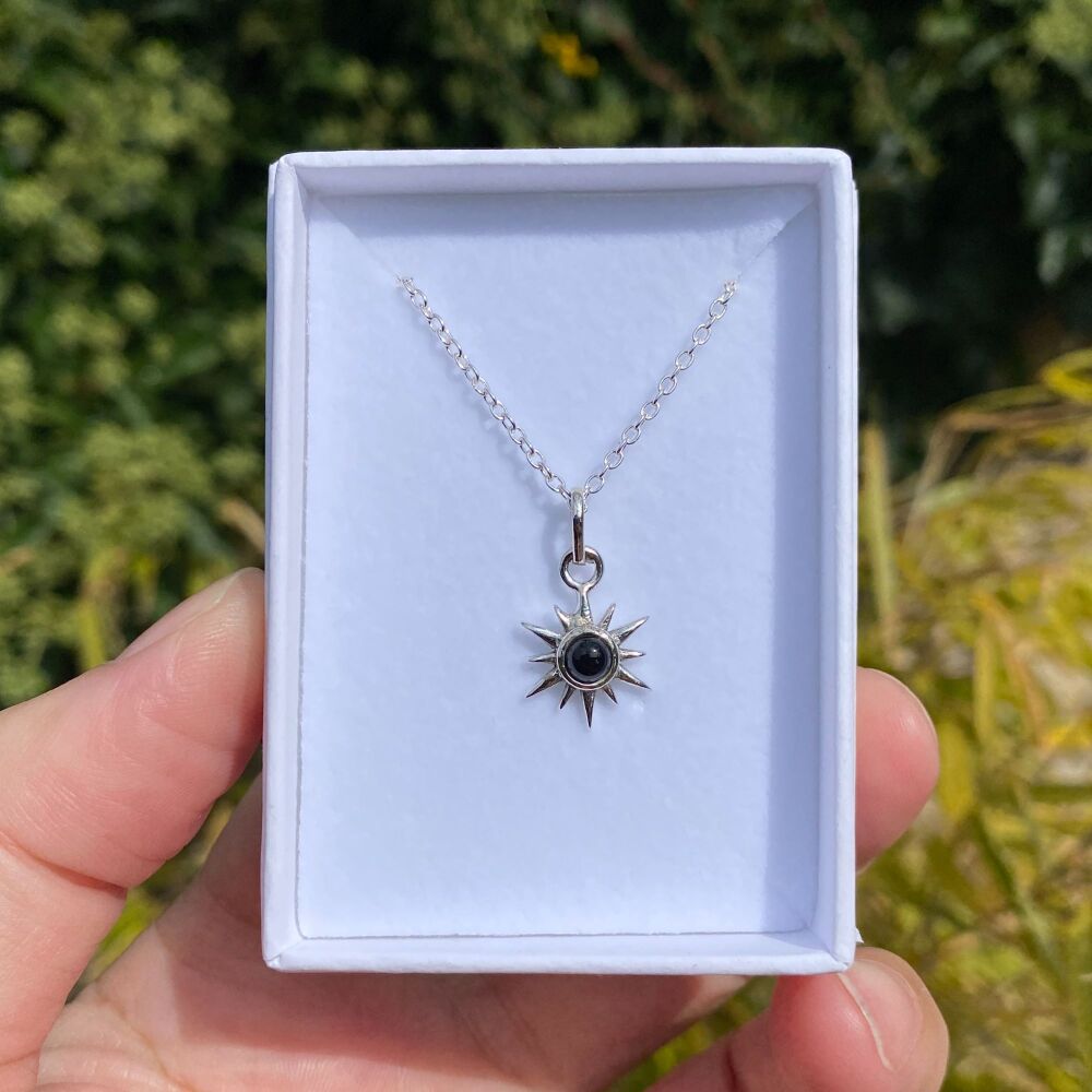 Sun Pendant with Black Obsidian Stone plus free chain and box