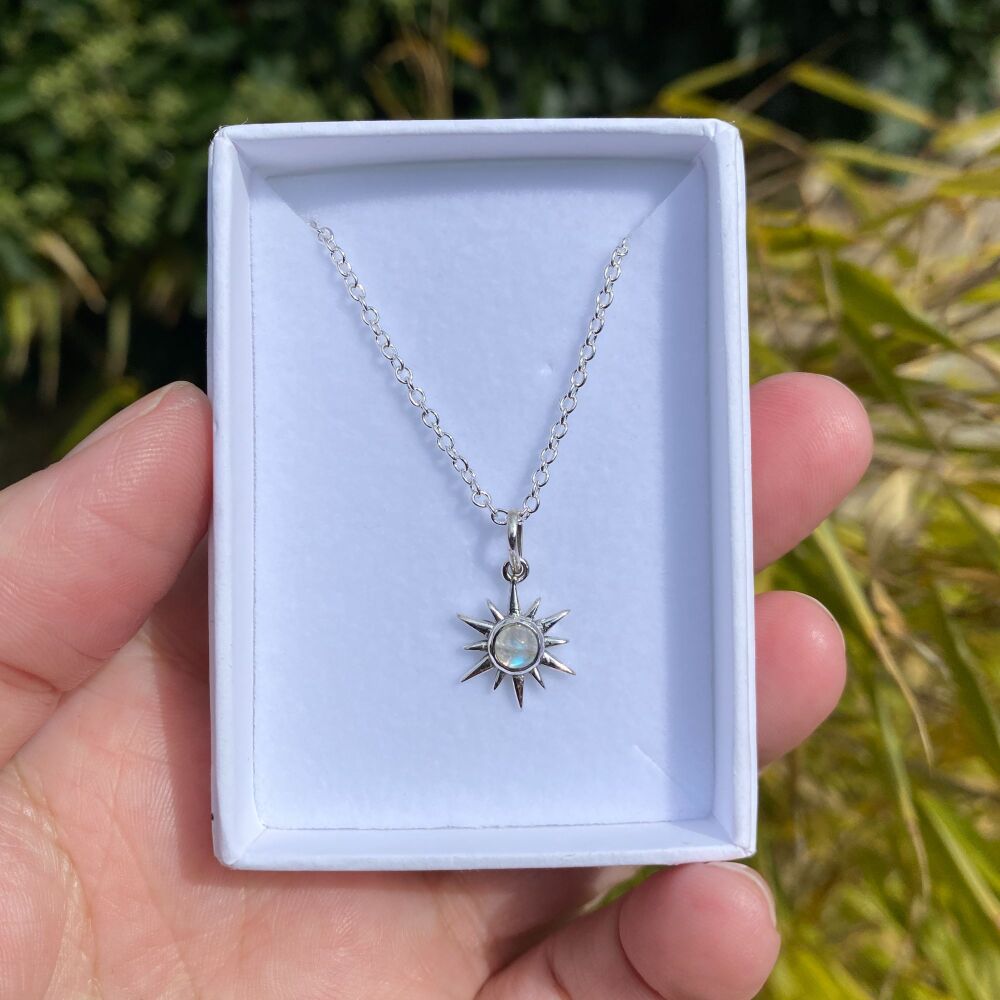 Sun Pendant with Rainbow Moonstone Stone plus free chain and box