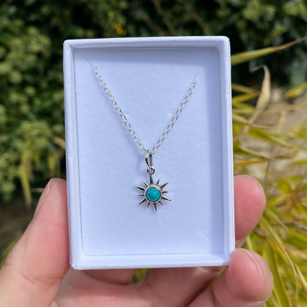 Sun Pendant with Turquoise Stone plus free chain and box