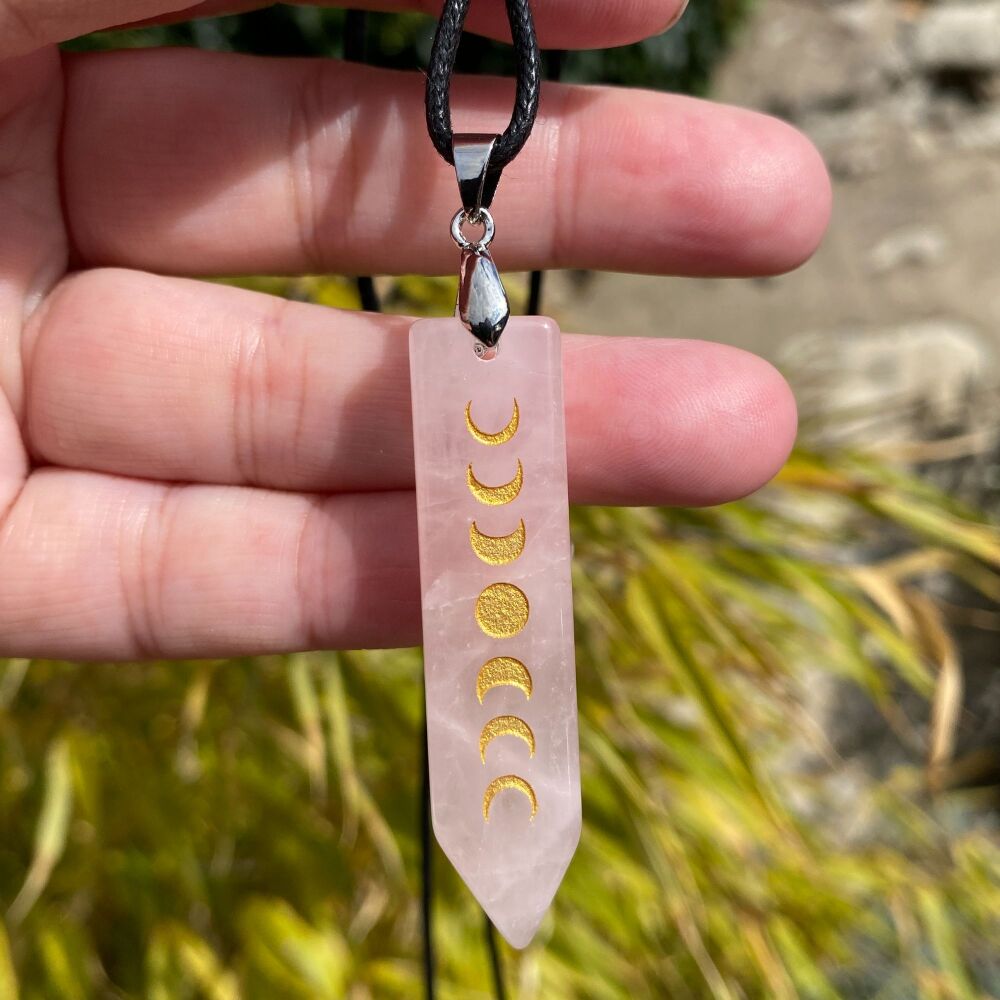 Moon Phase Drop Pendant with Cord Necklace ~ Rose Quartz