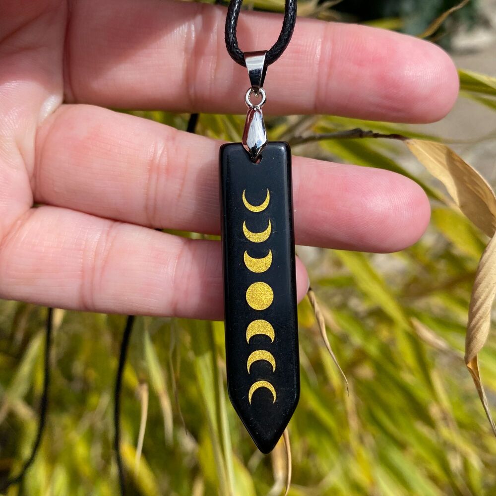 Moon Phase Drop Pendant with Cord Necklace ~ Black Obsidian