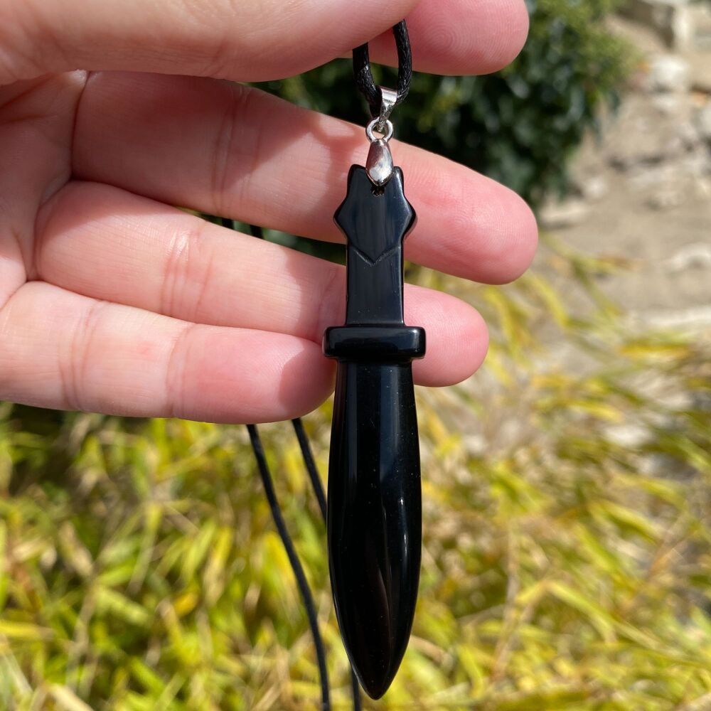 Black Obsidian Athame Pendant with cord necklace
