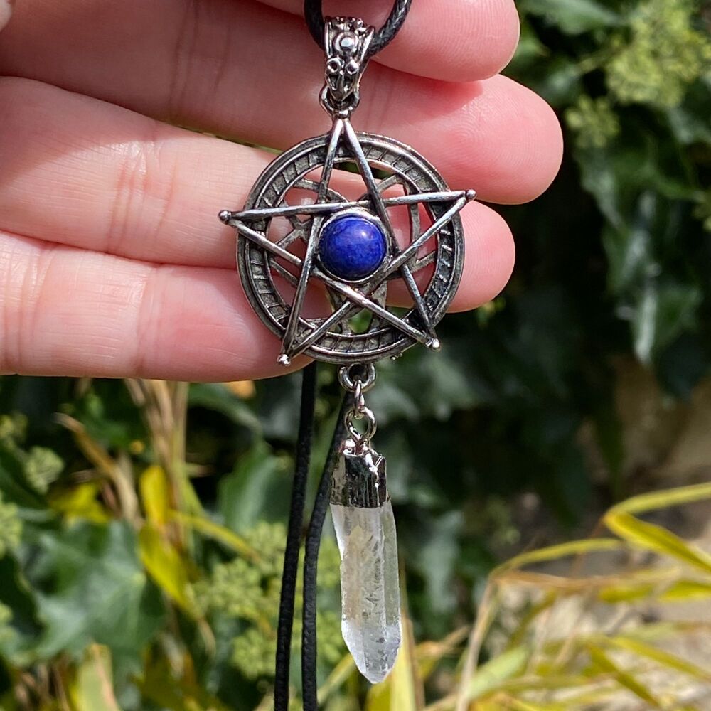 Pentagram Pendant with Lapis Lazuli and Quartz drop