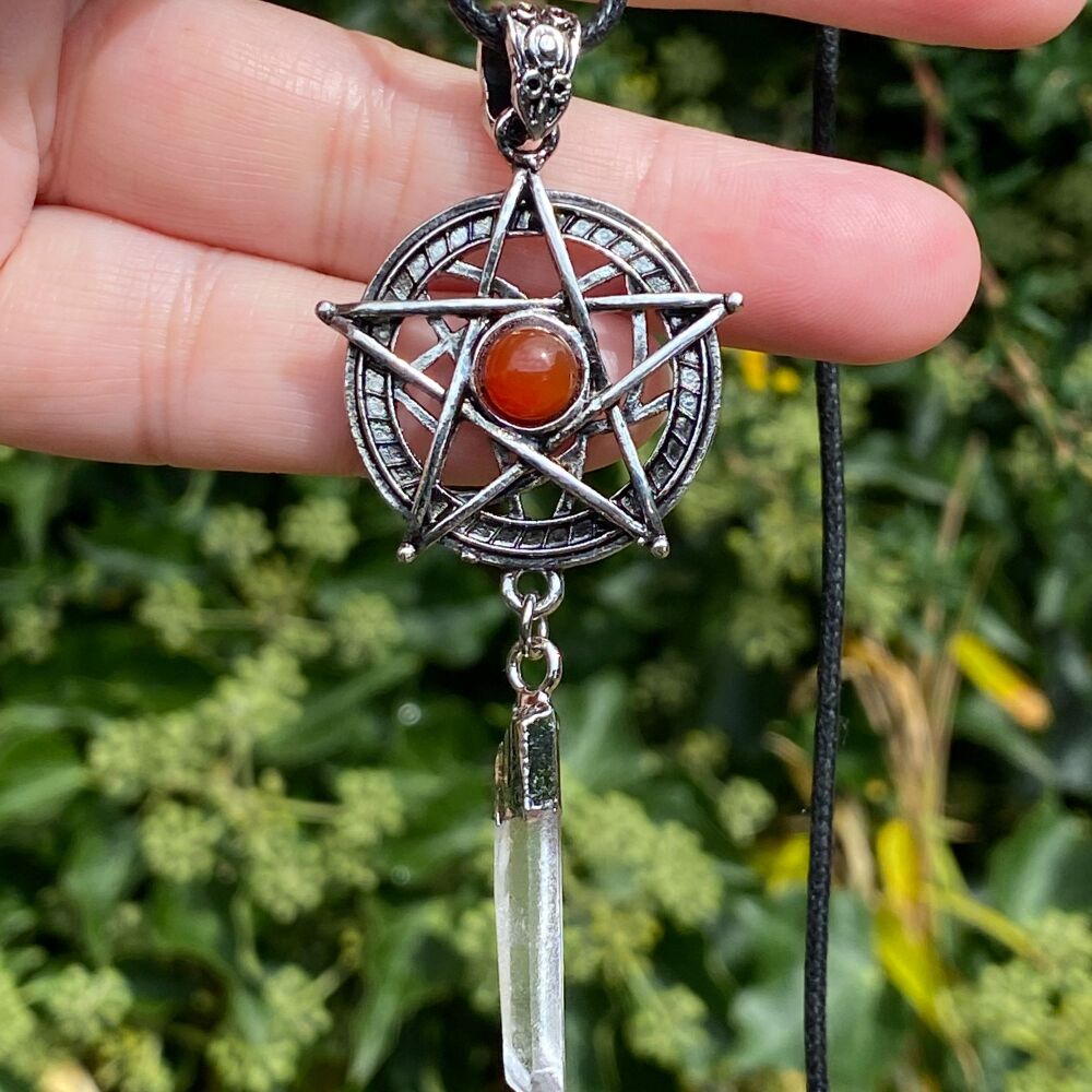 Pentagram Pendant with Carnelian and Quartz drop