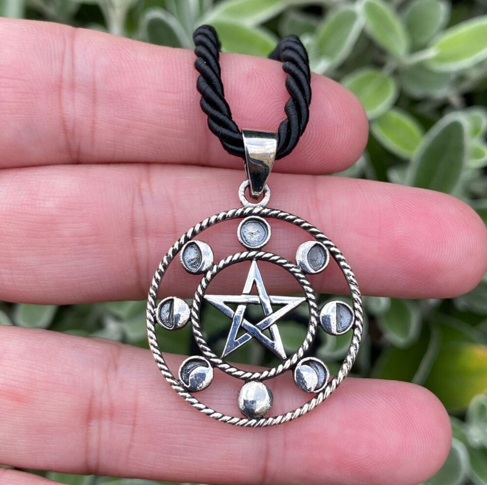925 Sterling Silver Pentagram Pendant with Moon Phases