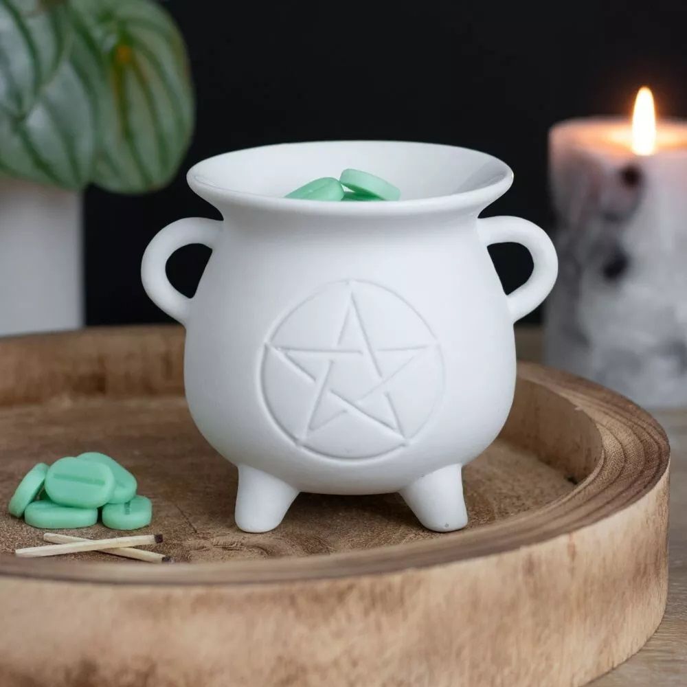 White Cauldron with Triple Moon and Pentagram Wax/ Oil Burner