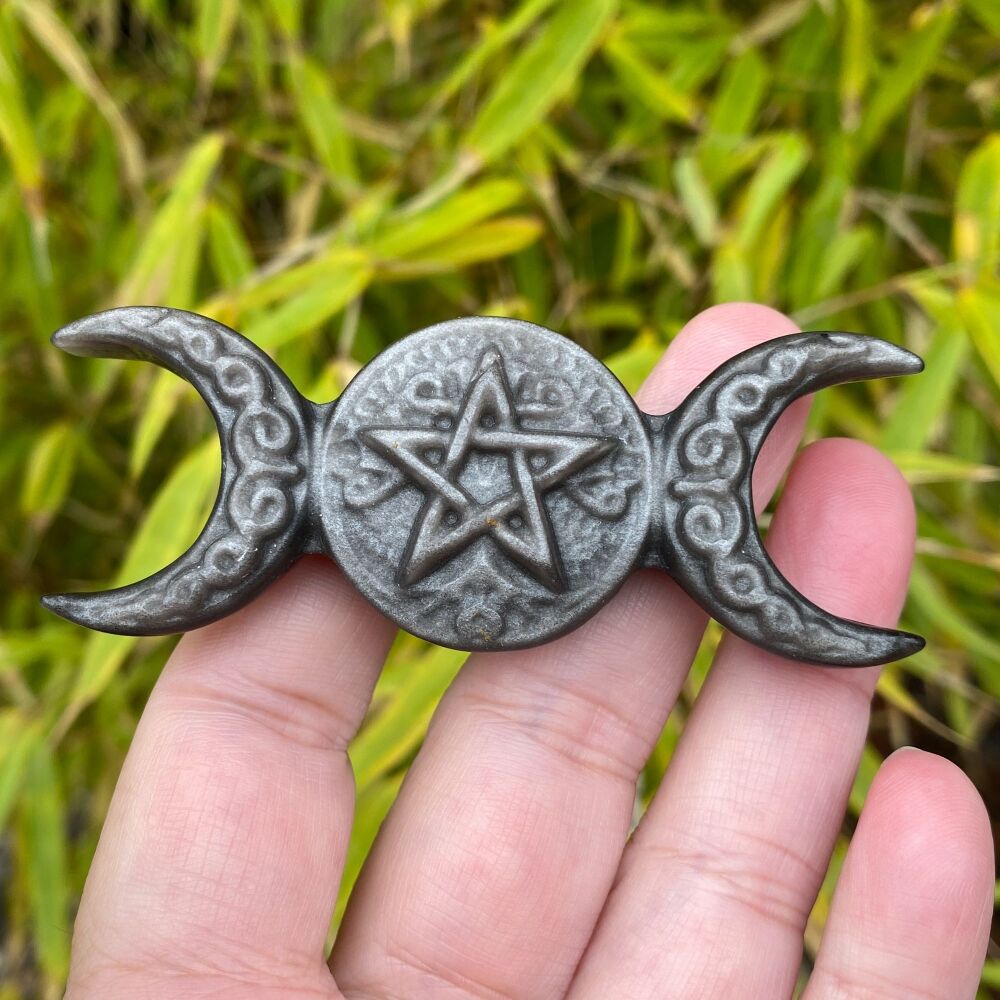 Obsidian Silver Sheen Triple Moon and Pentagram ~ #1
