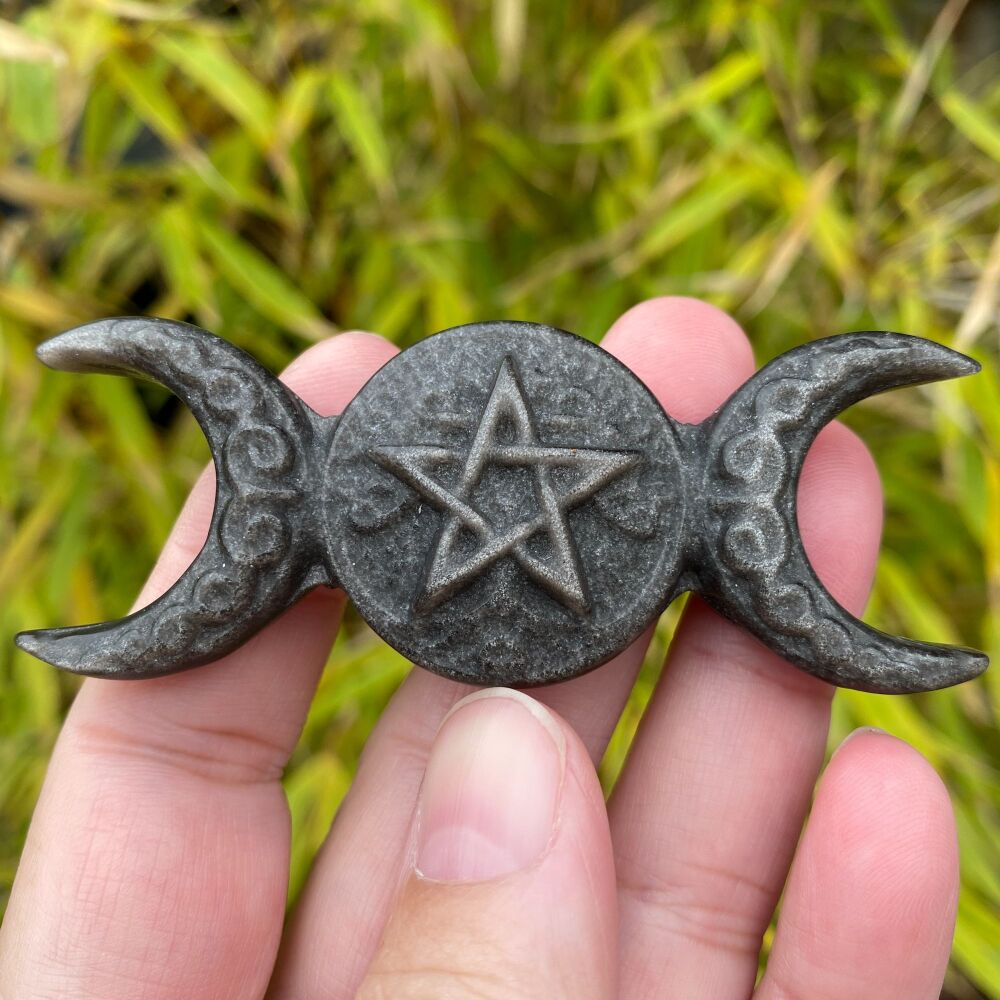 Obsidian Silver Sheen Triple Moon and Pentagram ~ #2