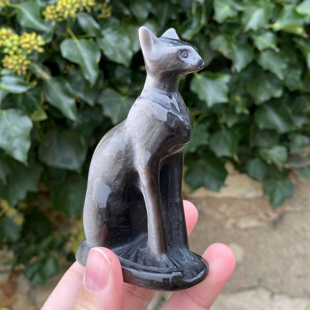 Obsidian Silver Sheen Egyptian Bast Figurine