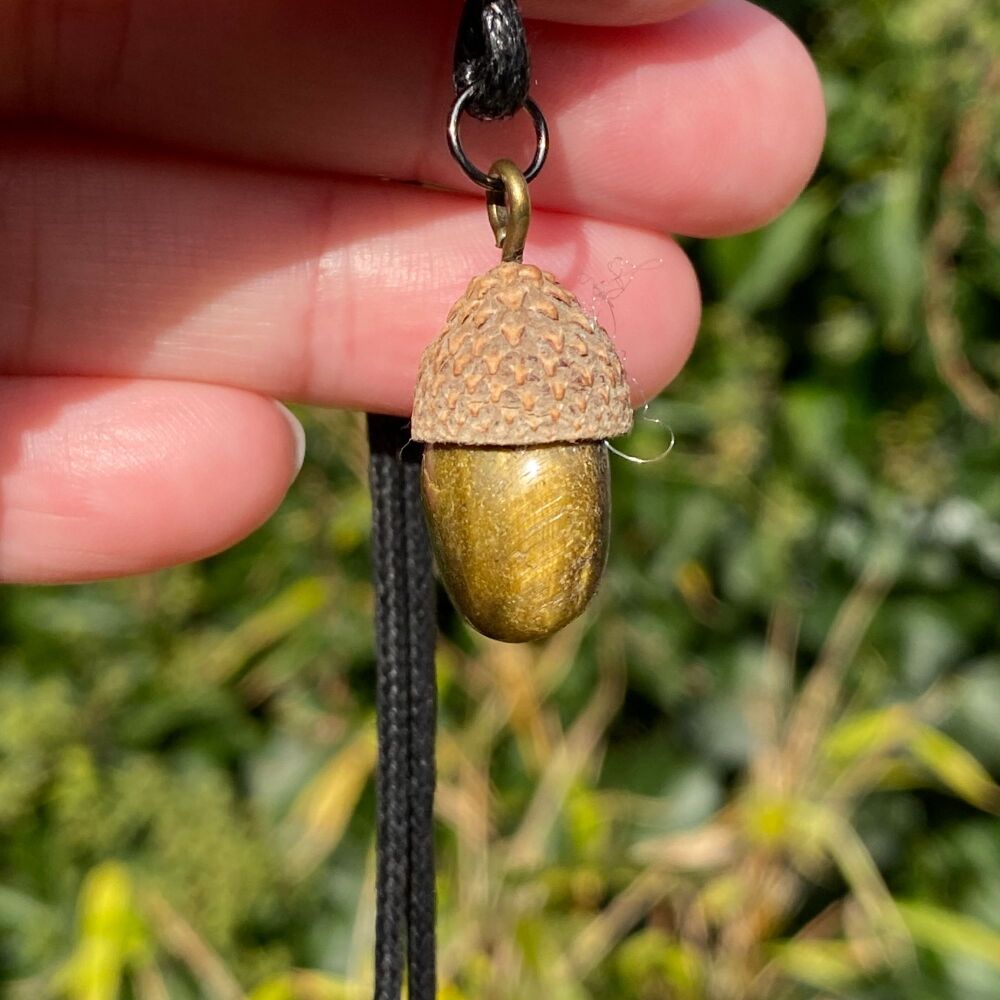 Cute Crystal Pendant set in a Acorn Cup ~ Tiger Eye #1