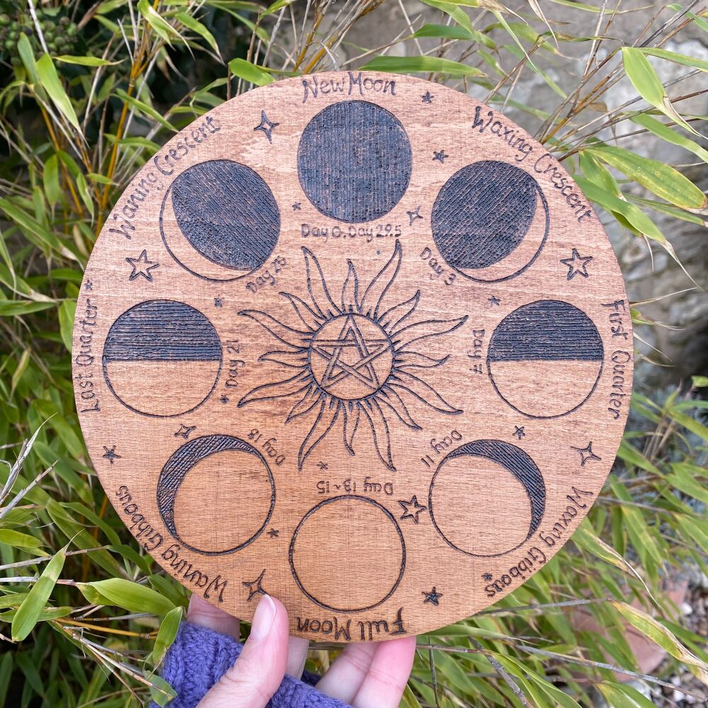 Moon Phase Pyrographed on Oak Wood