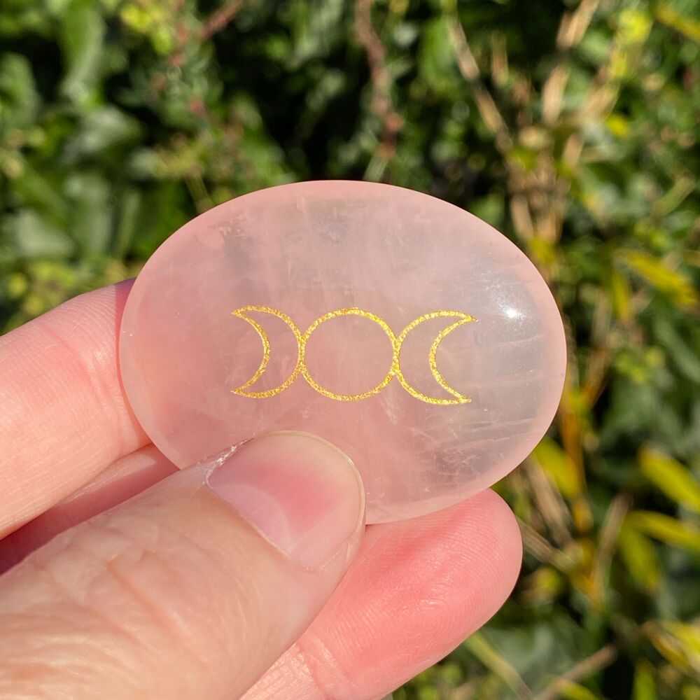 Palm Stone in Rose Quartz with Triple Moon