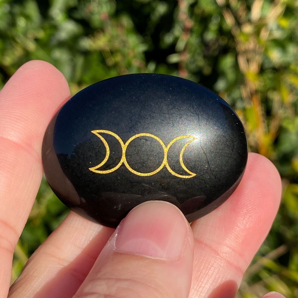 Palm Stone in Black Obsidian with Triple Moon