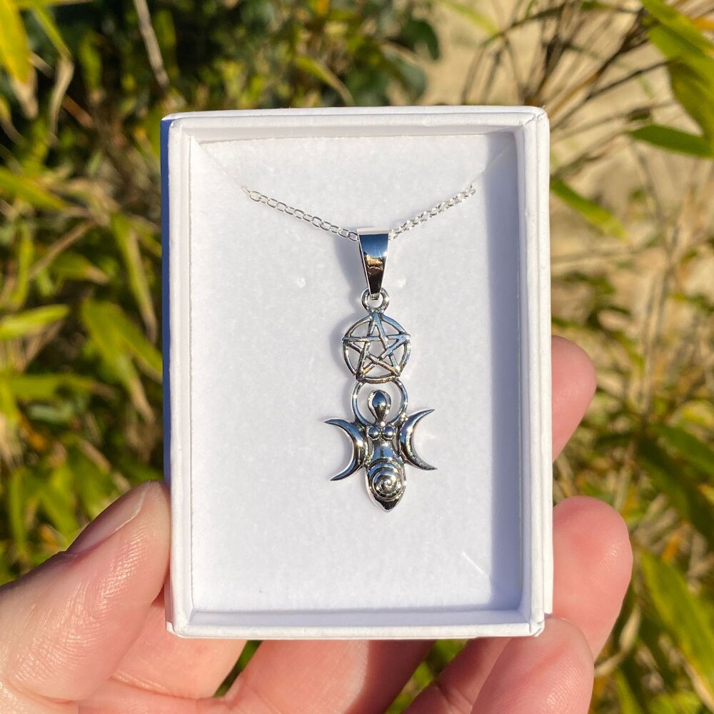 A Silver Goddess, Pentagram and Triple Moon Pendant with free chain and gift box