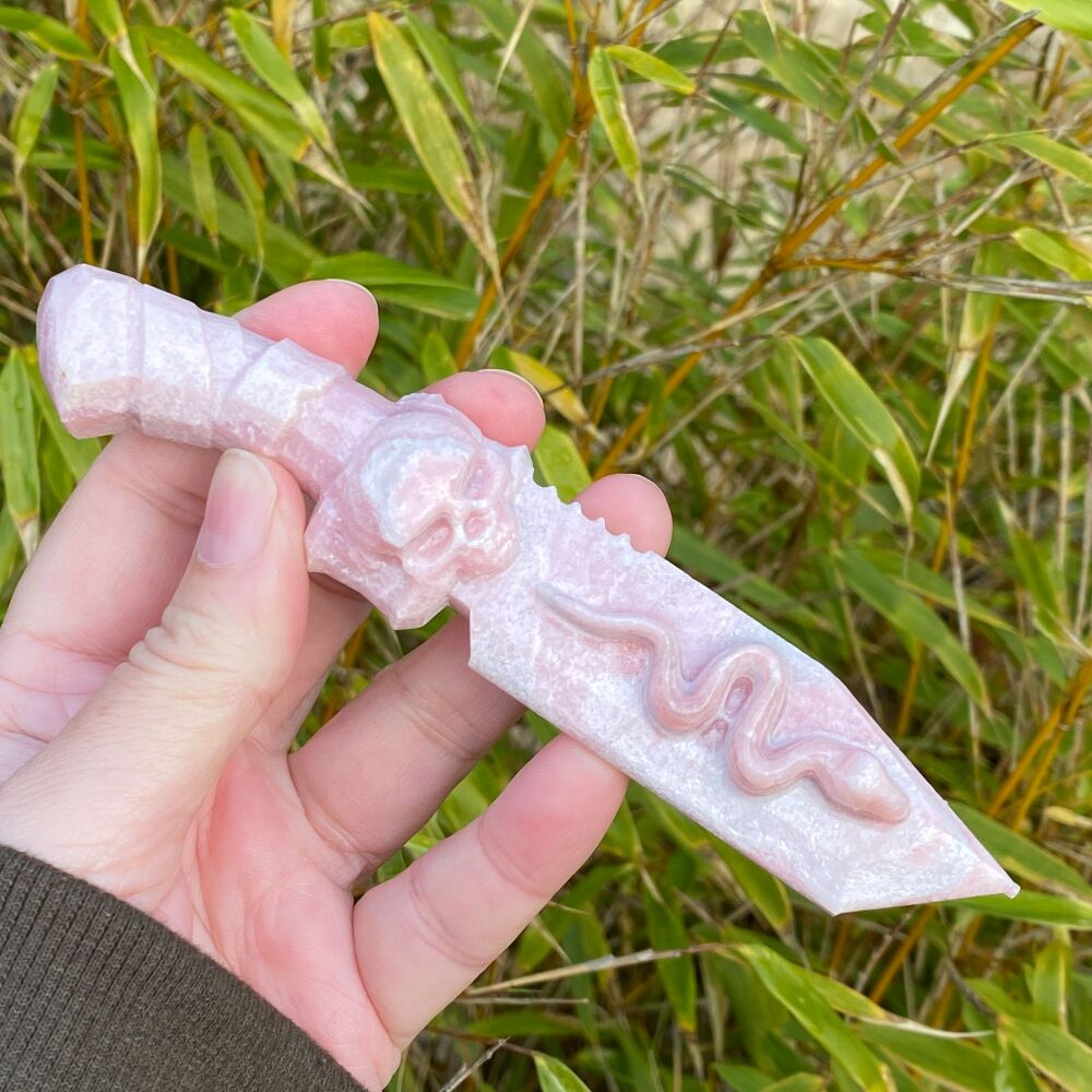 Pink Opal Ritual Athame with Skull and Snake carvings