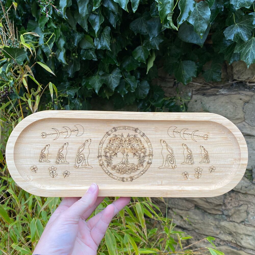 A Wooden Altar Tray with Tree of Life and Hares Design