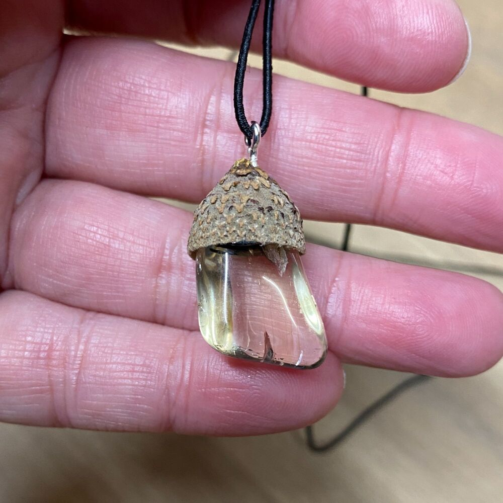 Cute Crystal Pendant set in a Acorn Cup ~ Lemon Quartz #1