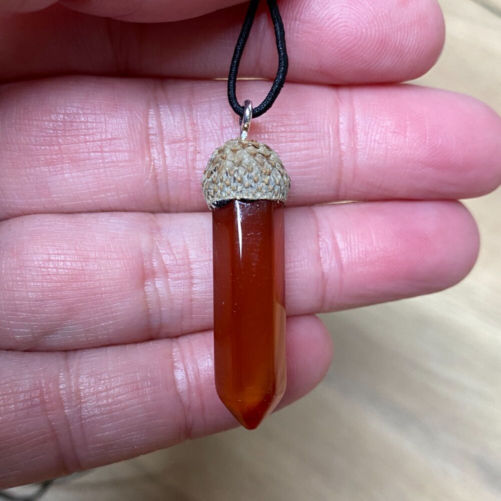 Cute Crystal Pendant set in a Acorn Cup ~ Carnelian Point #1
