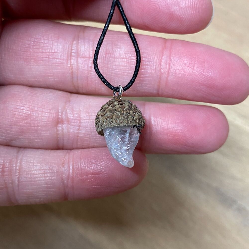 Cute Crystal Pendant set in a Acorn Cup ~ Quartz #1