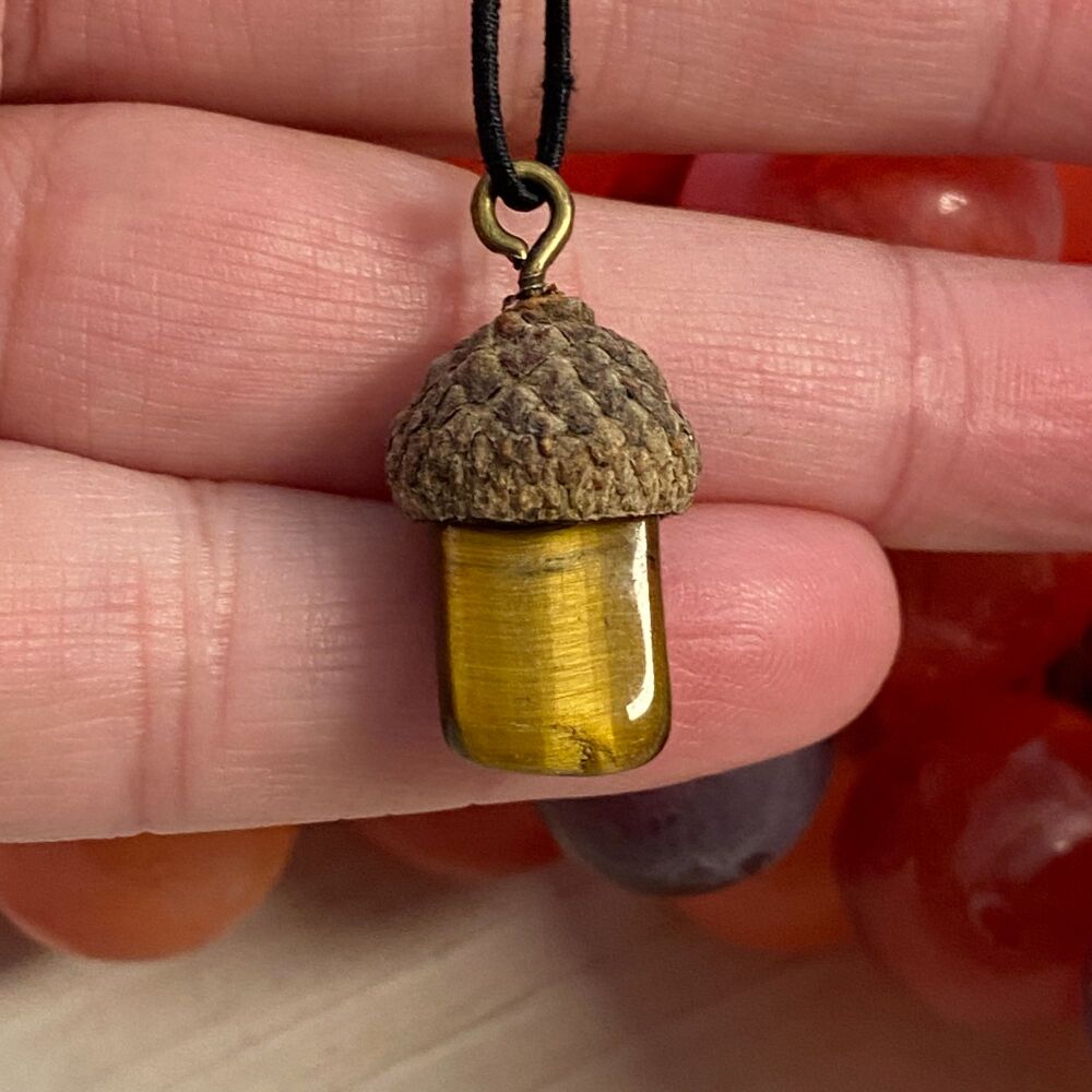 Cute Crystal Pendant set in a Acorn Cup ~ Tiger Eye #1