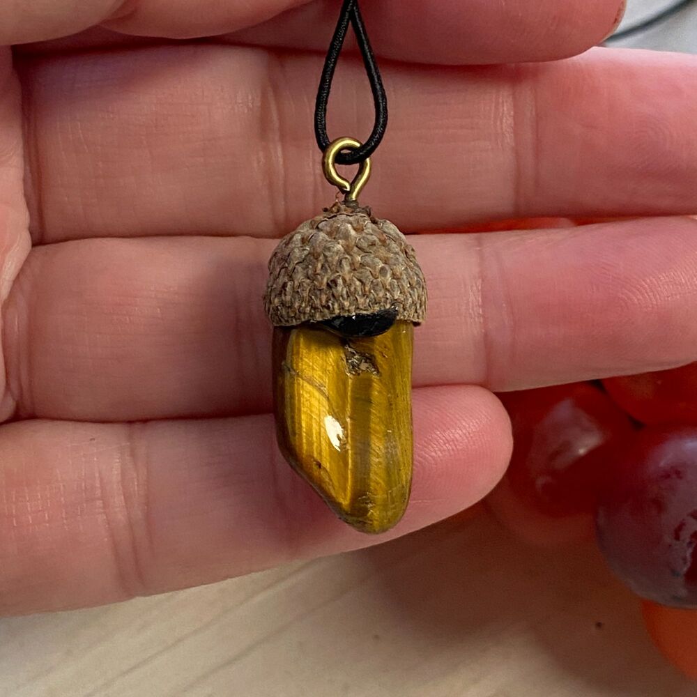 Cute Crystal Pendant set in a Acorn Cup ~ Tiger Eye #2