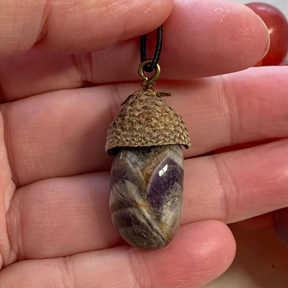 Cute Crystal Pendant set in a Acorn Cup ~ Chevron Amethyst #1