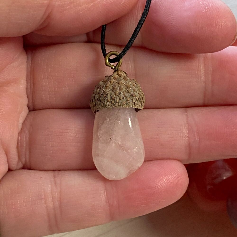 Cute Crystal Pendant set in a Acorn Cup ~ Rose Quartz #1