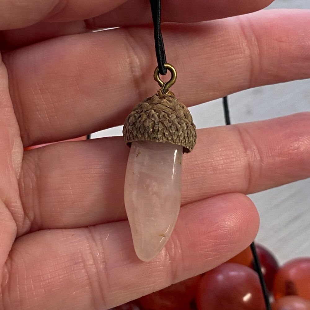 Cute Crystal Pendant set in a Acorn Cup ~ Rose Quartz #2