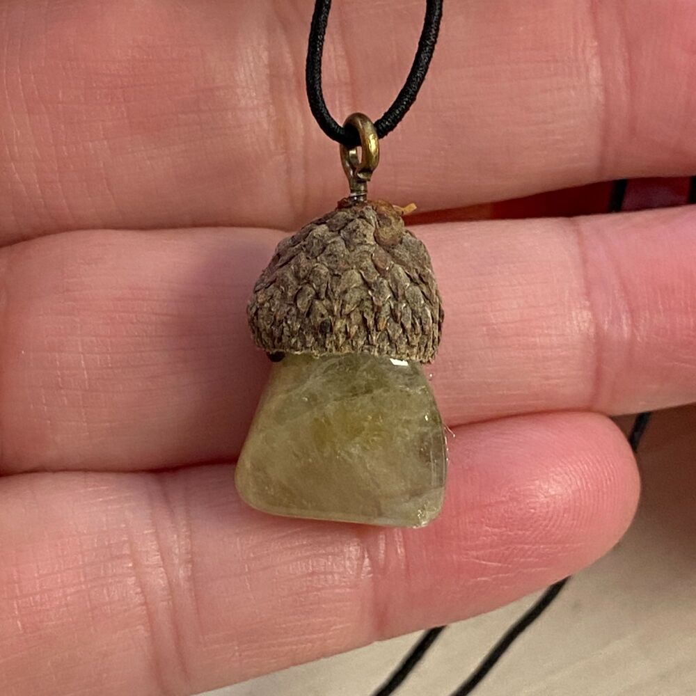 Cute Crystal Pendant set in a Acorn Cup ~ Prasiolite