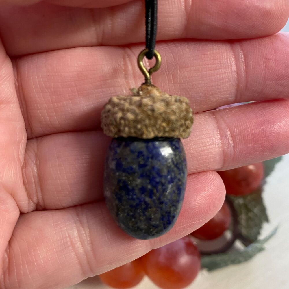 Cute Crystal Pendant set in a Acorn Cup ~ Lapis Lazuli