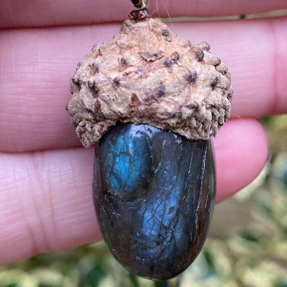 Cute Crystal Pendant set in a Acorn Cup ~ Labradorite