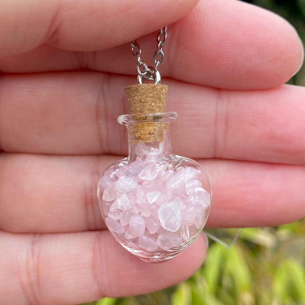 Cute Heart Bottle Pendant with Rose Quartz Chips