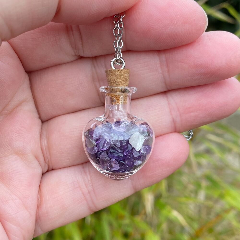 Cute Heart Bottle Pendant with Amethyst Chips