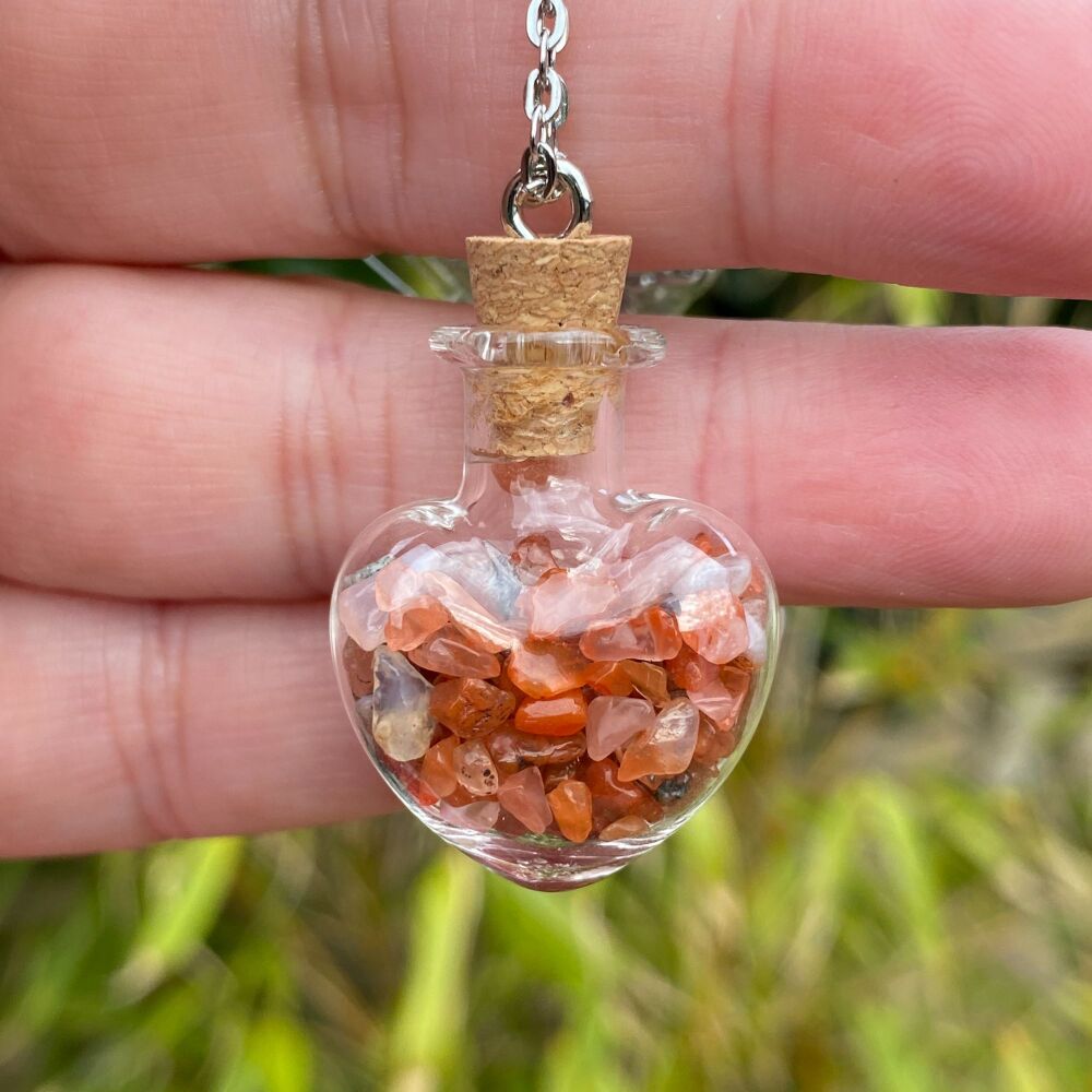 Cute Heart Bottle Pendant with Carnelian Chips